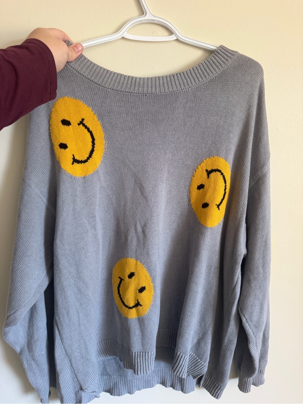 Smiley Face Light Blue Patterned Scoop Neck